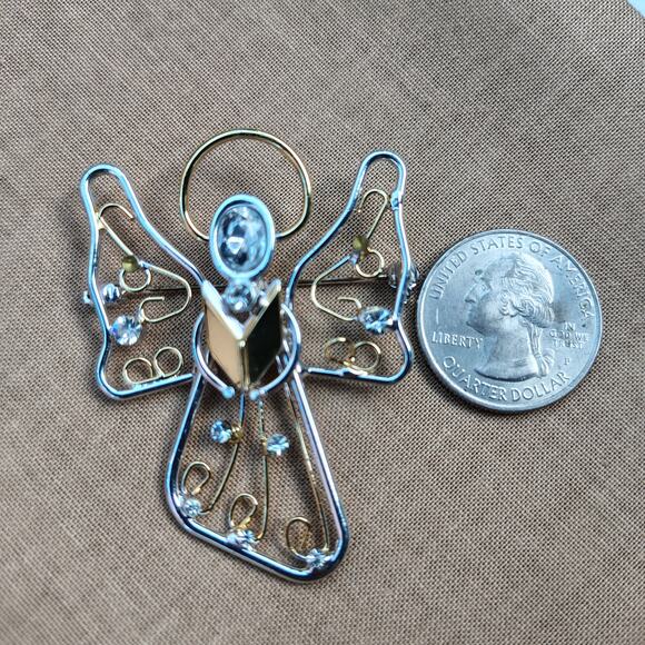 Singing Choir Angel Pin Brooch Silver and Gold Tone with Clear Rhinestones - Picture 4 of 6